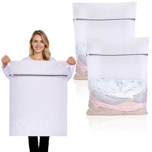 Dntorx 2 Stück Wäschenetz Groß, 60 x 80 cm Wäschenetz für Waschmaschine Wäschesack Groß Wiederverwendbar Wäschesack Waschmaschine mit Reißverschluss für Hemden Pullover Mäntel Hosen (XXL, Weiß)