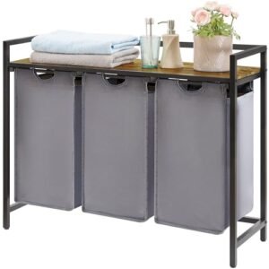 Lifewit Wäschekorb 3 Fächer, 120L/40x3L Wäschesammler mit Ablage und herausziehbaren Säcken, Wäsche sortiersystem, Waschesammelbox für Schlafzimmer, Badezimmer, Schlafsaal, 95,5x 33,5x 72cm, Grau