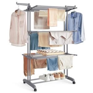 SONGMICS Wäscheständer, Standtrockner 4 Ebenen, Flügelwäscheständer, klappbare Flügel, mit Rollen, 63,5 x 128 x 173 cm, groß, einfacher Aufbau, Taubengrau LLR701G01