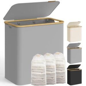 SONGMICS Wäschekorb mit Deckel, Wäschesammler mit 3 Fächern, 150 L, herausnehmbarer Wäschesack, Oxford-Gewebe, Griffe aus Bambus, zusammenklappbar, 60 x 38,5 x 70,5 cm, taubengrau LCB515G01