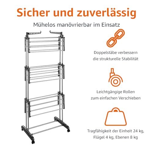 Amazon Basics Turm-Wäscheständer für innen mit faltbaren Flügeln, Garten, Grau, 4-stufig, 126 x 64 x 173 cm (L x W x H) - Image 3