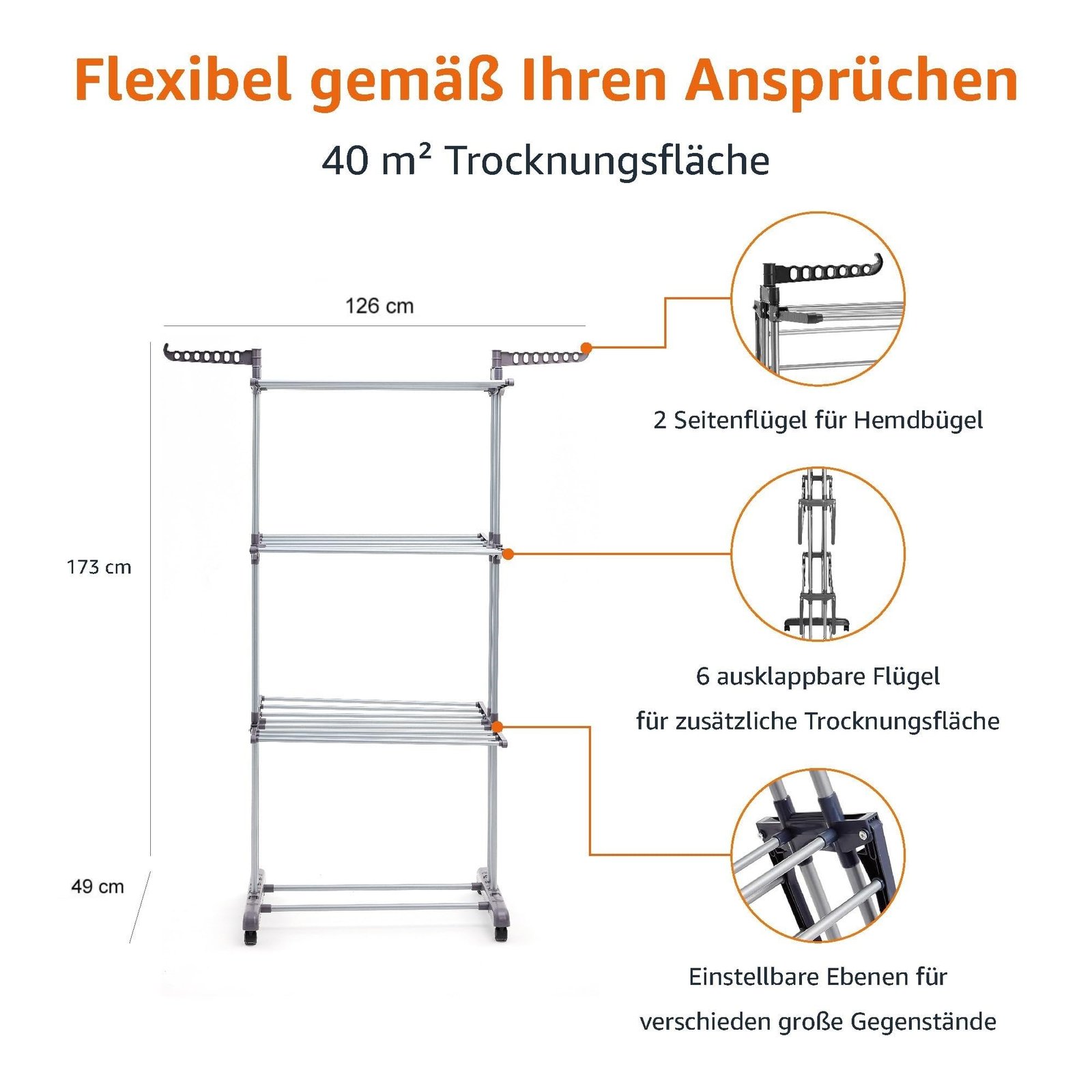 Amazon Basics Turm-Wäscheständer für innen mit faltbaren Flügeln, Garten, Grau, 4-stufig, 126 x 64 x 173 cm (L x W x H) - Image 5