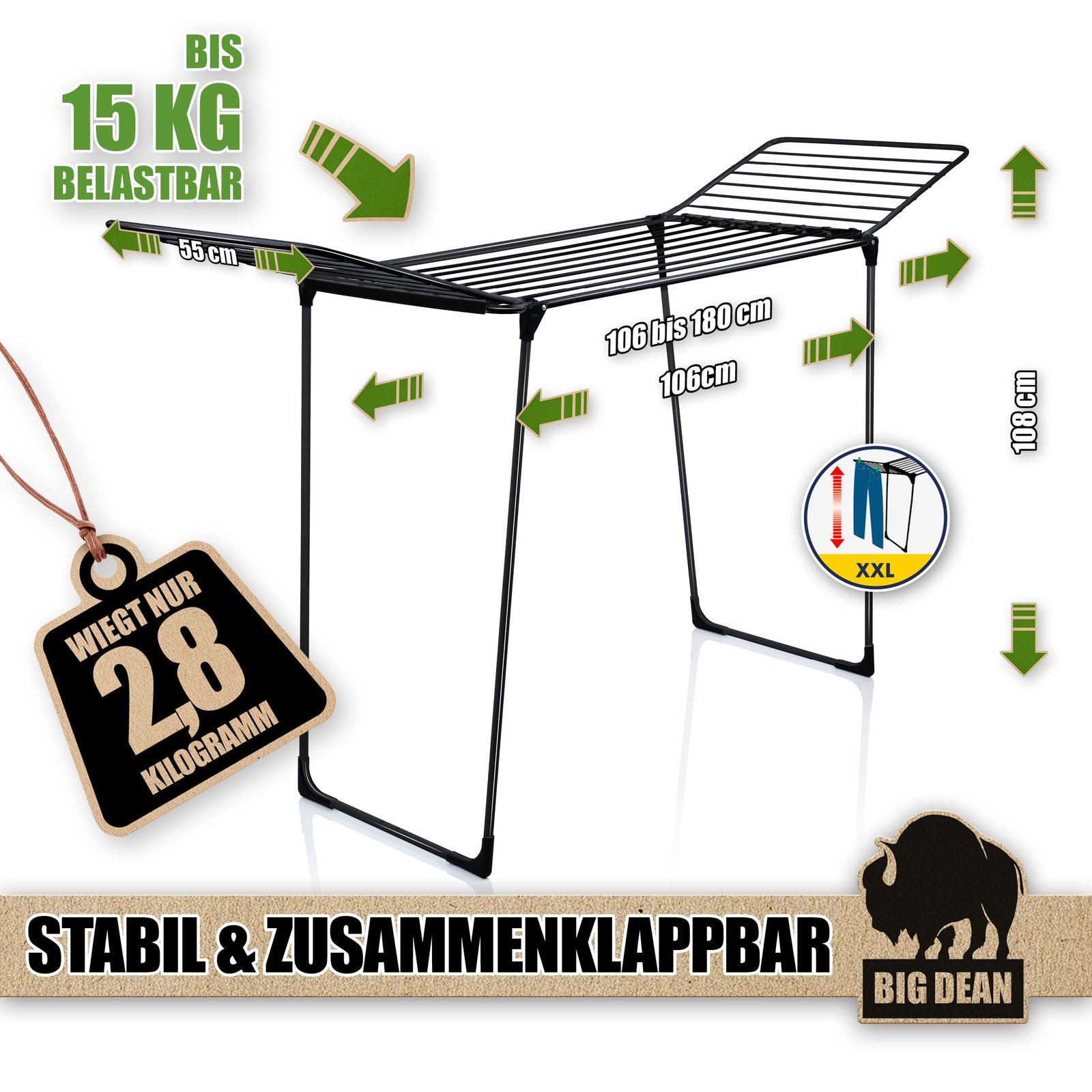 BigDean Wäscheständer 200 Schwarz extra hoch & Dicke Leinen - 20m Wäscheständer XXL - platzsparend - Klappbarer Flügelwäscheständer- Wäschetrockner Made in Europe - Image 5