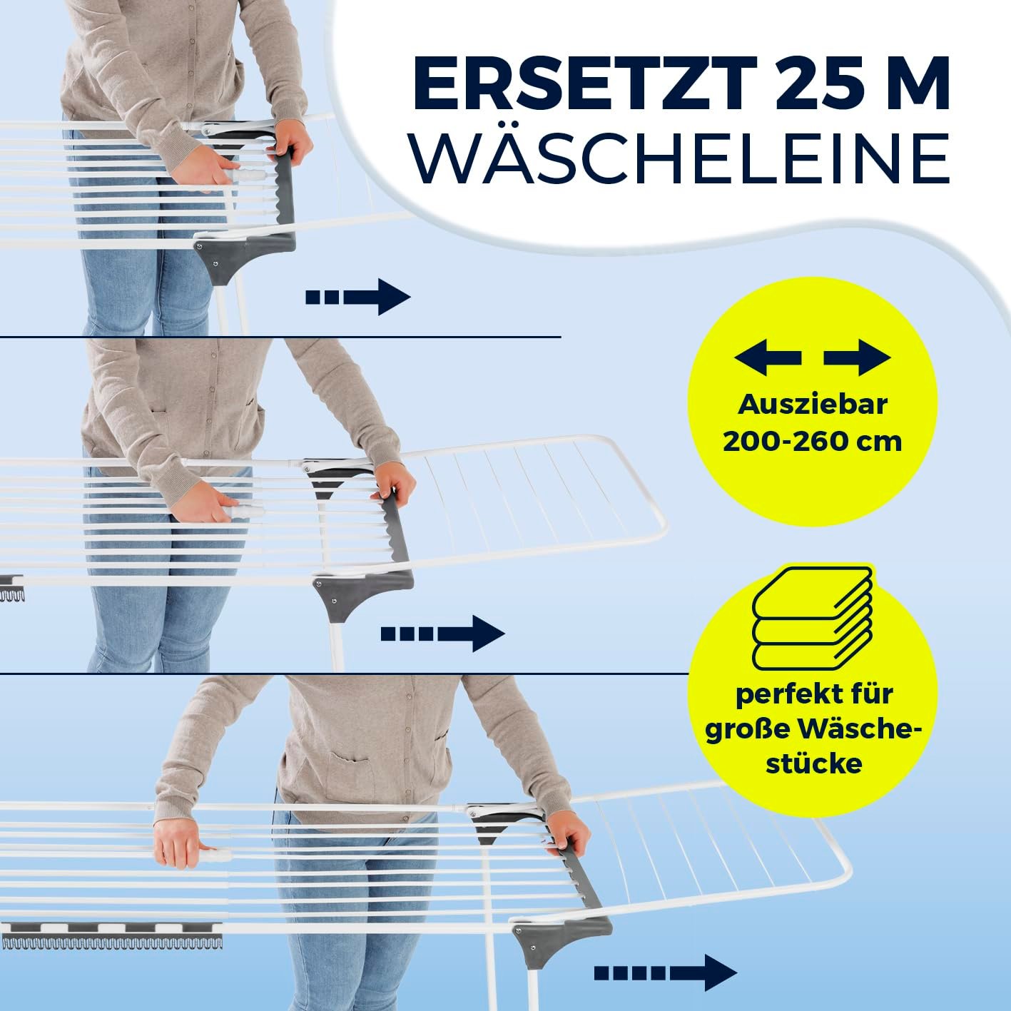 EASYmaxx Falt-Wäscheständer 2500 mit 25m Trockenlänge | XXL Wäscheständer Teleskop - ausziehbar bis 260cm | mit Rollen | Bettlaken & Handtücher stromlos drinnen und draußen trocknen - Image 2