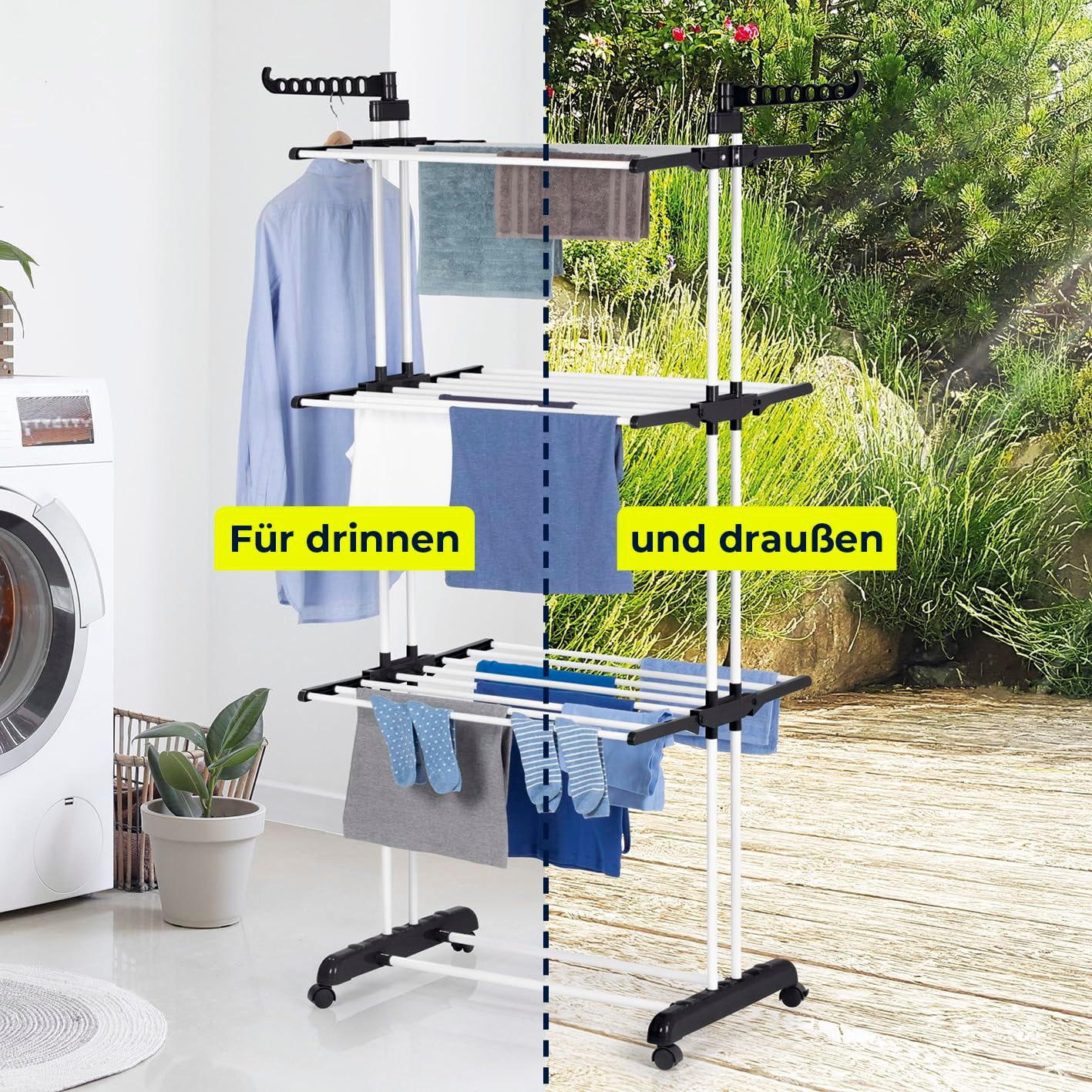 EASYmaxx Klappbarer Wäscheständer | Effizientes Trocknen mit 3 Ebenen, 2 Seitenflügeln & leichtem Aufbau | Platzsparend, vielseitig und mobil für drinnen und draußen, Schwarz/Weiß - Image 8