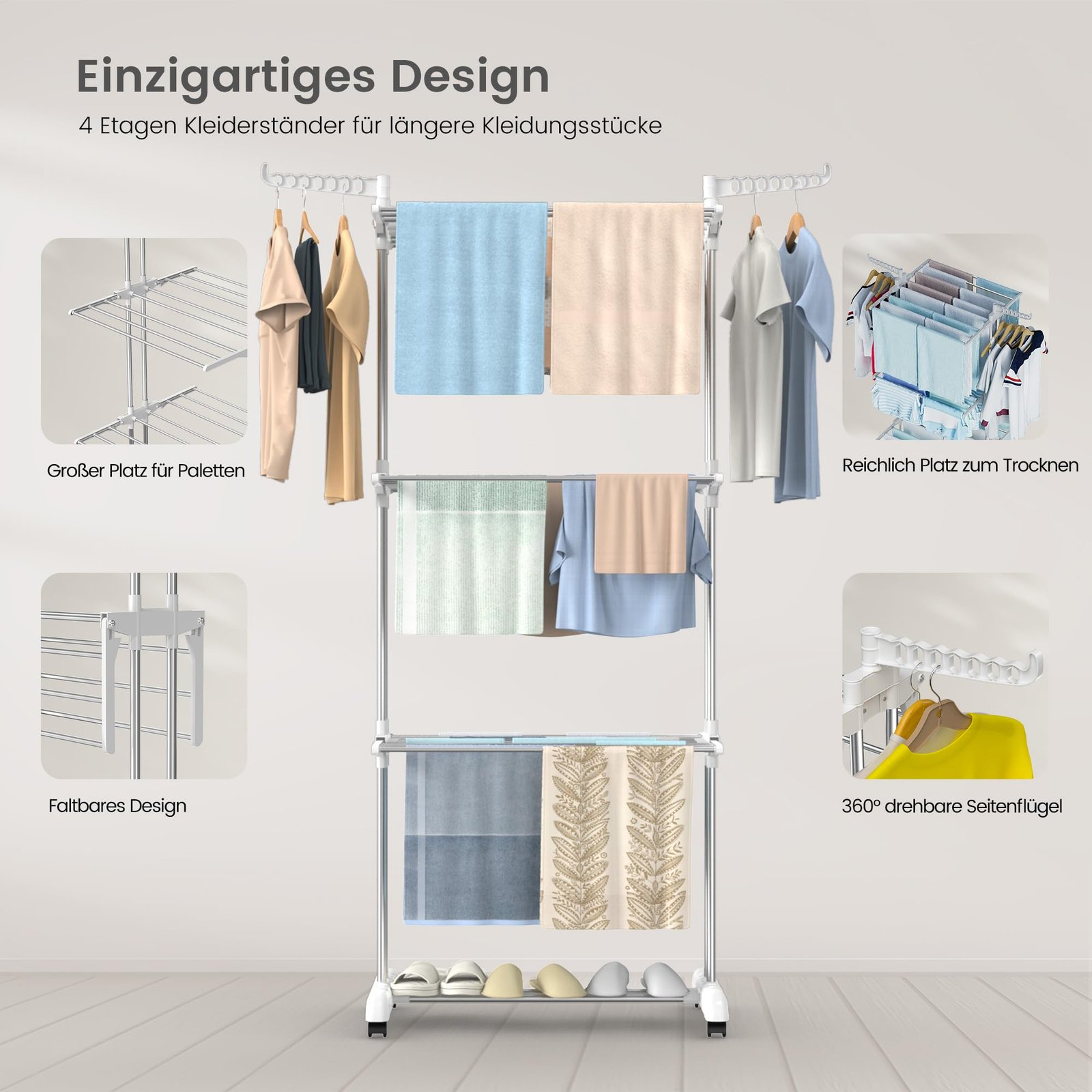 Innotic Wäscheständer Platzsparend Klappbar Wäscheständer Turm mit Rollen 4 Etagen Großer Raum Wäscheturm fur draußen Innen badewanne (weiß/grau) - Image 5