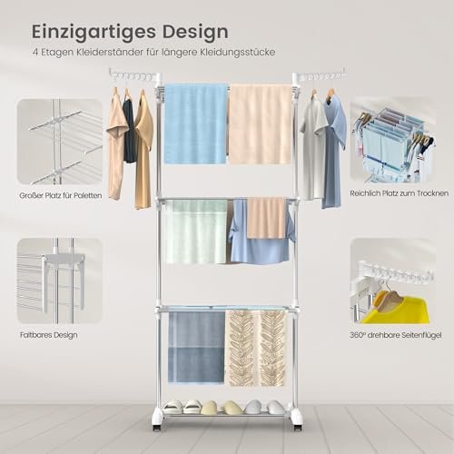 Innotic Wäscheständer Platzsparend Klappbar Wäscheständer Turm mit Rollen 4 Etagen Großer Raum Wäscheturm fur draußen Innen badewanne (weiß/grau) - Image 6