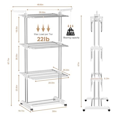 Innotic Wäscheständer Platzsparend Klappbar Wäscheständer Turm mit Rollen 4 Etagen Großer Raum Wäscheturm fur draußen Innen badewanne (weiß/grau) - Image 9