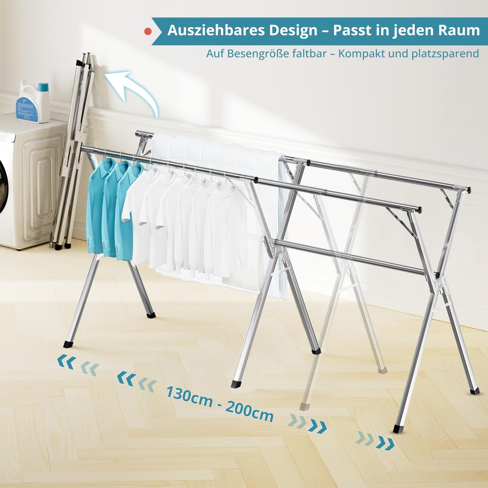 JAUREE 200cm Wäscheständer, Faltbarer Kleiderständer für drinnen und draußen, robuster Edelstahl Wäscheständer ständer, tragbarer, großer Kleiderständer stabil mit 20 winddichten Haken - Image 2