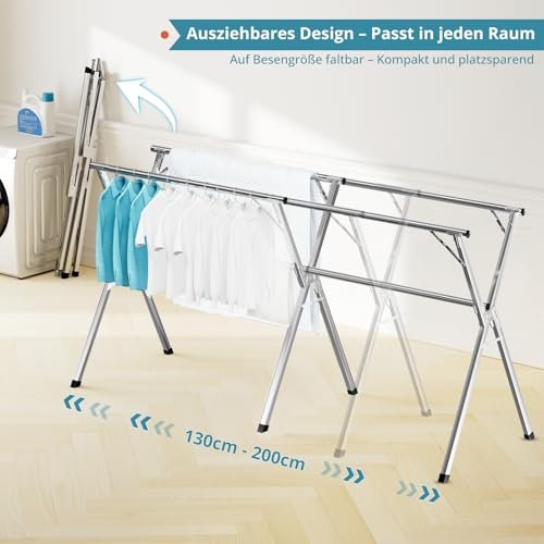 JAUREE 200cm Wäscheständer, Faltbarer Kleiderständer für drinnen und draußen, robuster Edelstahl Wäscheständer ständer, tragbarer, großer Kleiderständer stabil mit 20 winddichten Haken - Image 3