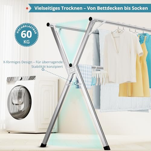 JAUREE 200cm Wäscheständer, Faltbarer Kleiderständer für drinnen und draußen, robuster Edelstahl Wäscheständer ständer, tragbarer, großer Kleiderständer stabil mit 20 winddichten Haken - Image 6