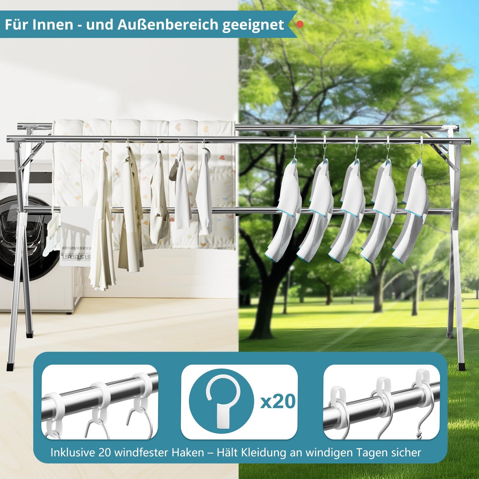 JAUREE 200cm Wäscheständer, Faltbarer Kleiderständer für drinnen und draußen, robuster Edelstahl Wäscheständer ständer, tragbarer, großer Kleiderständer stabil mit 20 winddichten Haken - Image 8