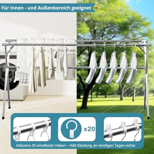 JAUREE 200cm Wäscheständer, Faltbarer Kleiderständer für drinnen und draußen, robuster Edelstahl Wäscheständer ständer, tragbarer, großer Kleiderständer stabil mit 20 winddichten Haken - Image 9