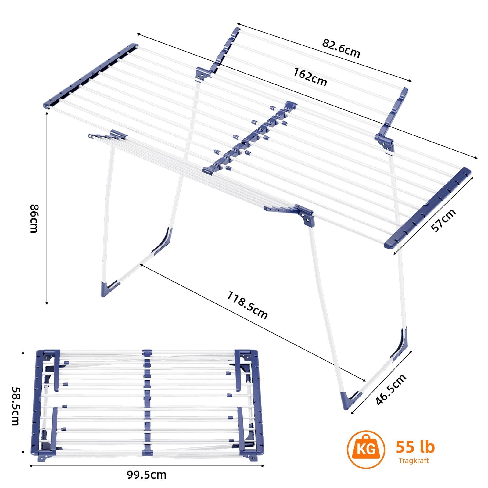 KINGBOARD Wäscheständer klappbar ausziehbar, Flügelwäscheständer 57 x 162 x 86 cm, Stabiler Standtrockner mit rutschfesten Füßen für Innen und Außen, Weiß - Image 8