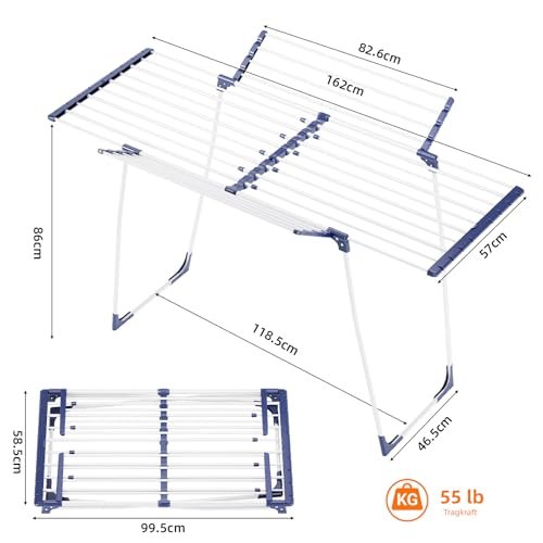 KINGBOARD Wäscheständer klappbar ausziehbar, Flügelwäscheständer 57 x 162 x 86 cm, Stabiler Standtrockner mit rutschfesten Füßen für Innen und Außen, Weiß - Image 9