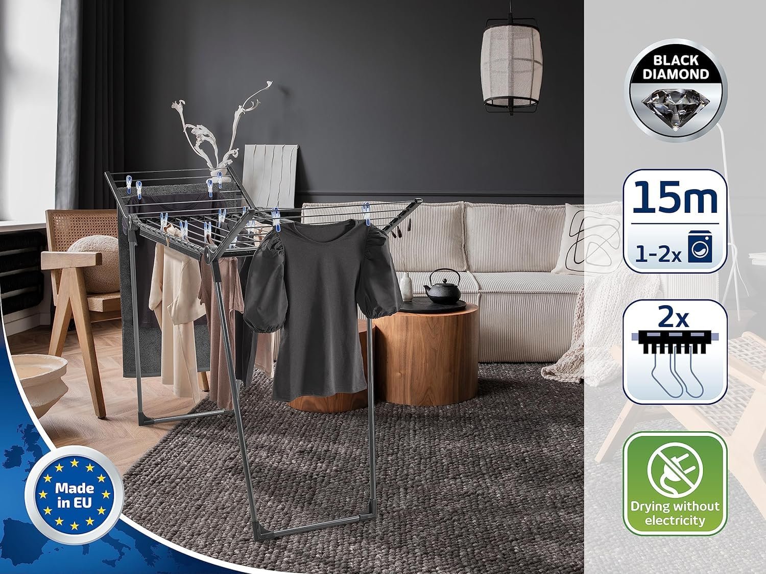 Leifheit Standtrockner Pegasus 150 Solid Black Edition, standfester Wäscheständer mit Flügeln auch für lange Kleidungsstücke, besonders schmaler Flügelwäschetrockner passt auch durch enge Türen - Image 2