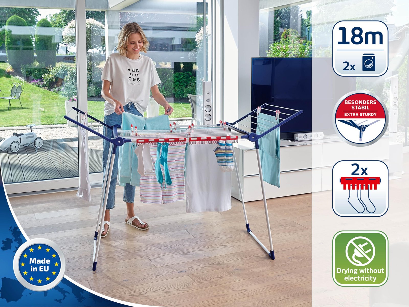 Leifheit Standtrockner Pegasus 180 Solid, Wäscheständer mit Flügeln für Lange Kleidungsstücke, standfester Flügelwäschetrockner für drinnen und draußen, klappbar - Image 5