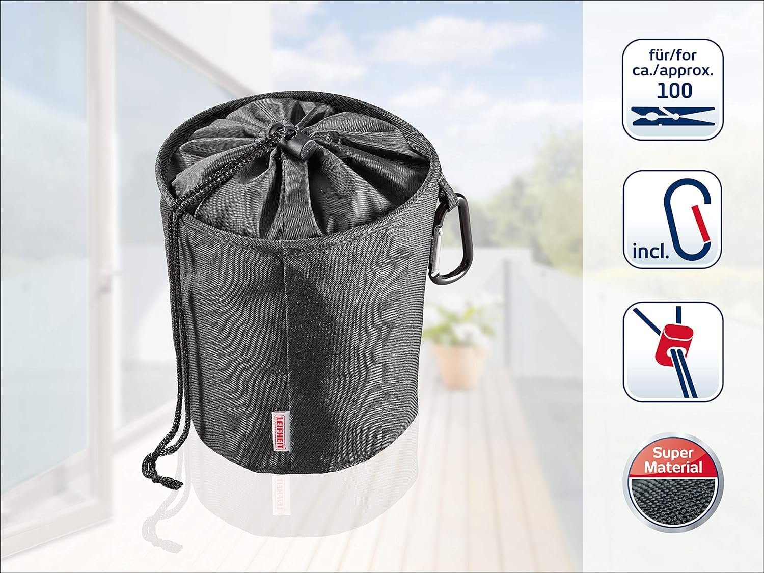 Leifheit Wäscheklammerbeutel mit Haken zum aufhängen, für bis zu 100 Wäscheklammern, schmutzsicherer Klammerbeutel für frische Wäsche, Klammerkorb aus engmaschigen Stoff, peg Bag, schwarz - Image 2
