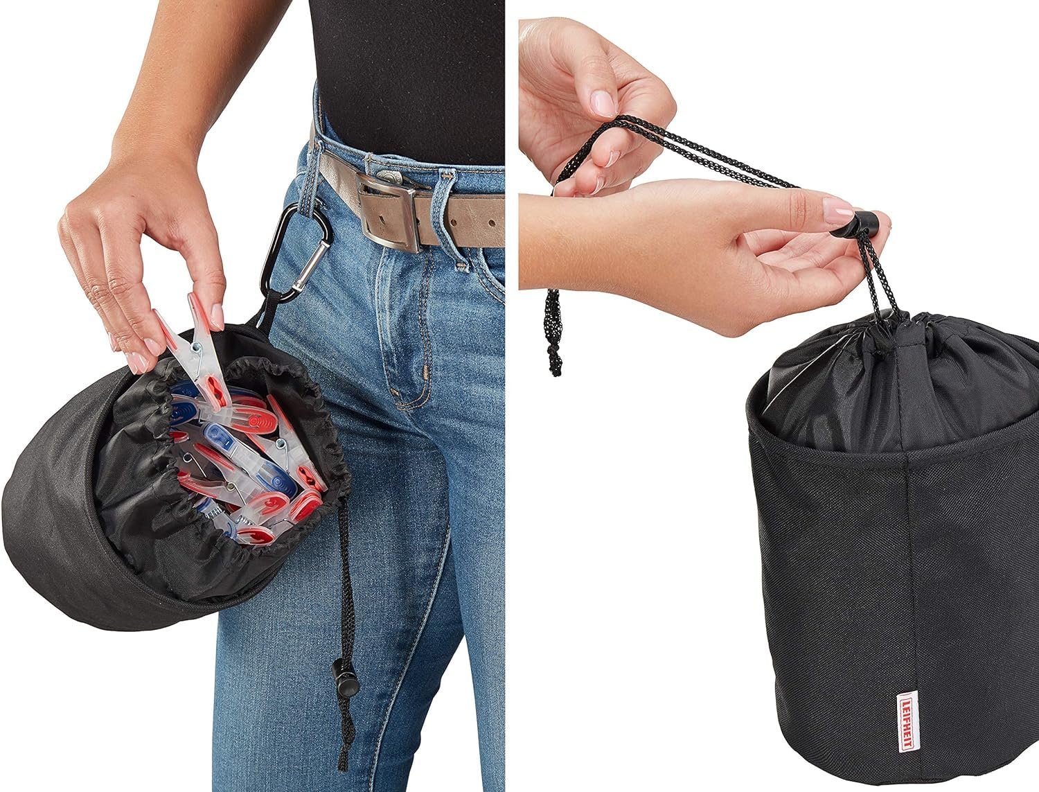 Leifheit Wäscheklammerbeutel mit Haken zum aufhängen, für bis zu 100 Wäscheklammern, schmutzsicherer Klammerbeutel für frische Wäsche, Klammerkorb aus engmaschigen Stoff, peg Bag, schwarz - Image 5