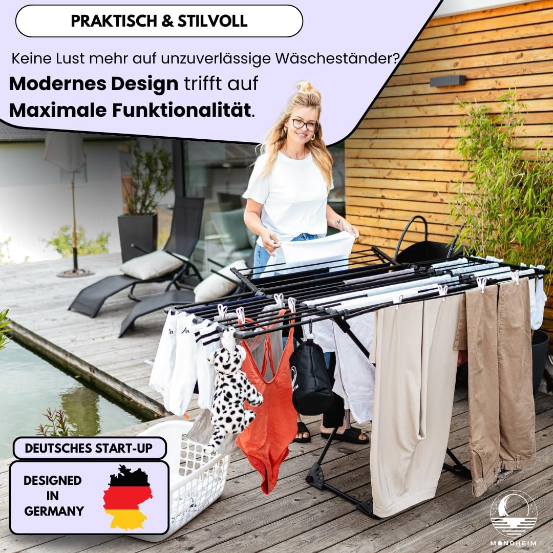 MONDHEIM® Obsidian | XXL Teleskop Wäscheständer 26M TROCKENLÄNGE | abnehmbare Querstrebe | Flügelwäscheständer platzsparend | nutzbar für Balkon oder Terasse - Image 2