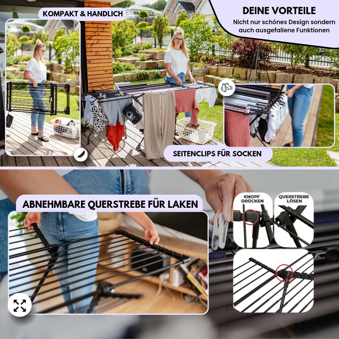 MONDHEIM® Obsidian | XXL Teleskop Wäscheständer 26M TROCKENLÄNGE | abnehmbare Querstrebe | Flügelwäscheständer platzsparend | nutzbar für Balkon oder Terasse - Image 5
