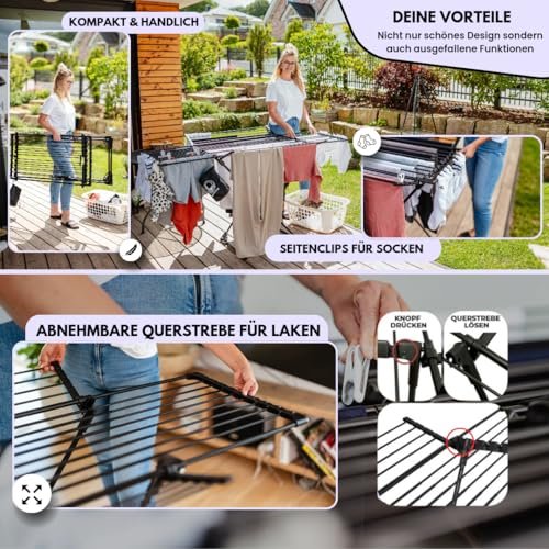 MONDHEIM® Obsidian | XXL Teleskop Wäscheständer 26M TROCKENLÄNGE | abnehmbare Querstrebe | Flügelwäscheständer platzsparend | nutzbar für Balkon oder Terasse - Image 6