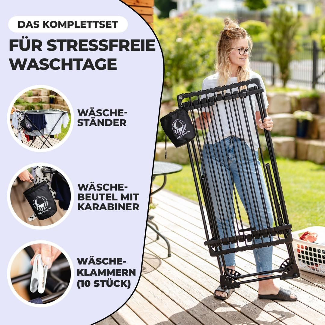 MONDHEIM® Obsidian | XXL Teleskop Wäscheständer 26M TROCKENLÄNGE | abnehmbare Querstrebe | Flügelwäscheständer platzsparend | nutzbar für Balkon oder Terasse - Image 8