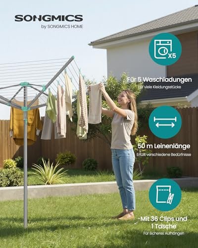 SONGMICS Wäschespinne, Wäscheständer, drehbar, klappbar, draußen, Garten, mit Wäscheklammern, Schutzhülle, silbern, 50 m Wäscheleine, für 5 Waschladungen LLR307EZ01 - Image 3