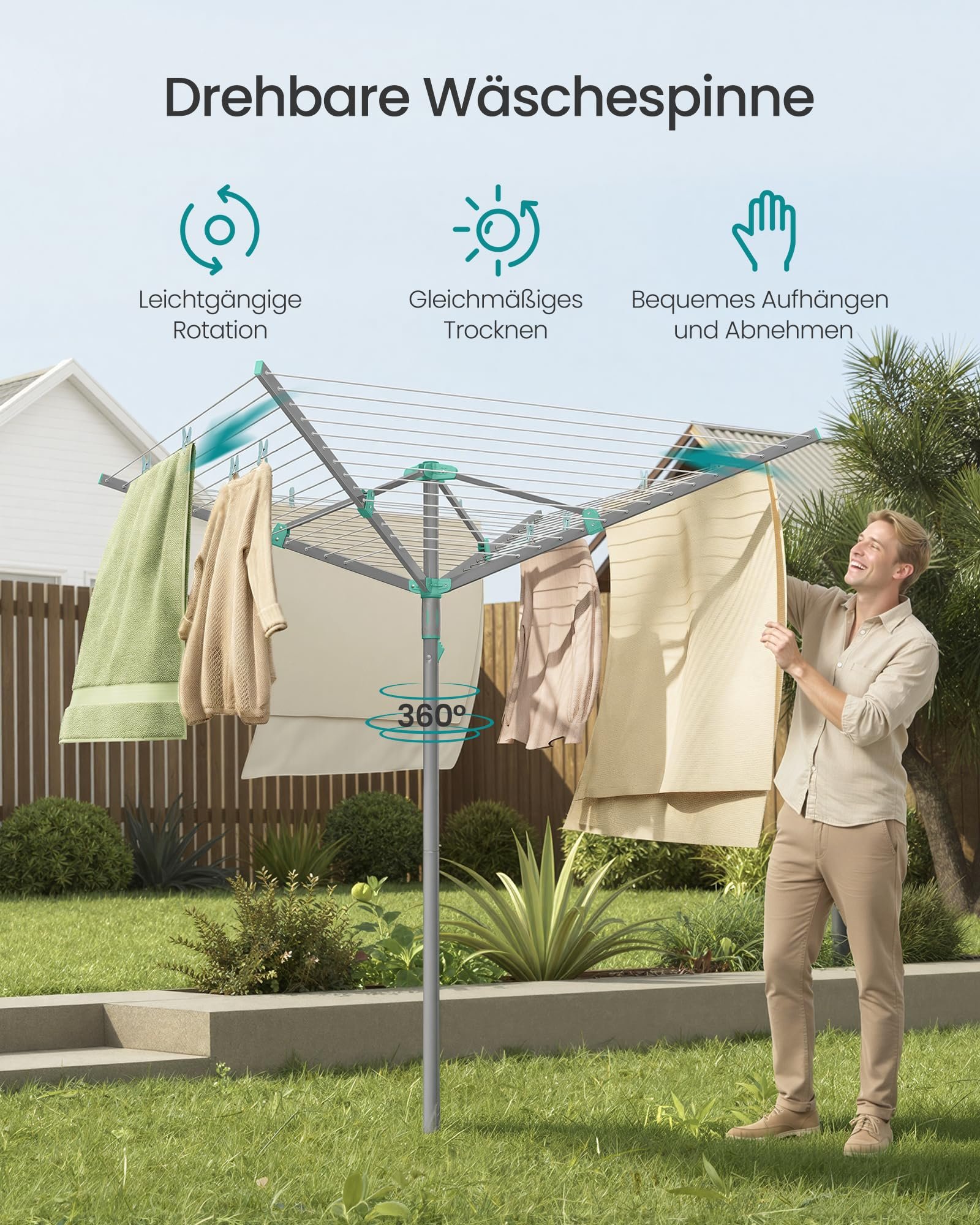 SONGMICS Wäschespinne, Wäscheständer, drehbar, klappbar, draußen, Garten, mit Wäscheklammern, Schutzhülle, silbern, 50 m Wäscheleine, für 5 Waschladungen LLR307EZ01 - Image 5