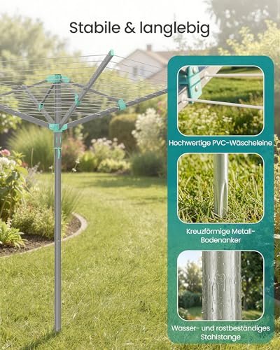 SONGMICS Wäschespinne, Wäscheständer, drehbar, klappbar, draußen, Garten, mit Wäscheklammern, Schutzhülle, silbern, 50 m Wäscheleine, für 5 Waschladungen LLR307EZ01 - Image 9