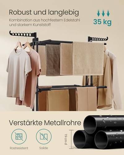 SONGMICS Wäscheständer, Standtrockner 4 Ebenen, Flügelwäscheständer, klappbare Flügel, mit Rollen, 63,5 x 128 x 173 cm, groß, einfacher Aufbau, tintenschwarz LLR701B01 - Image 9