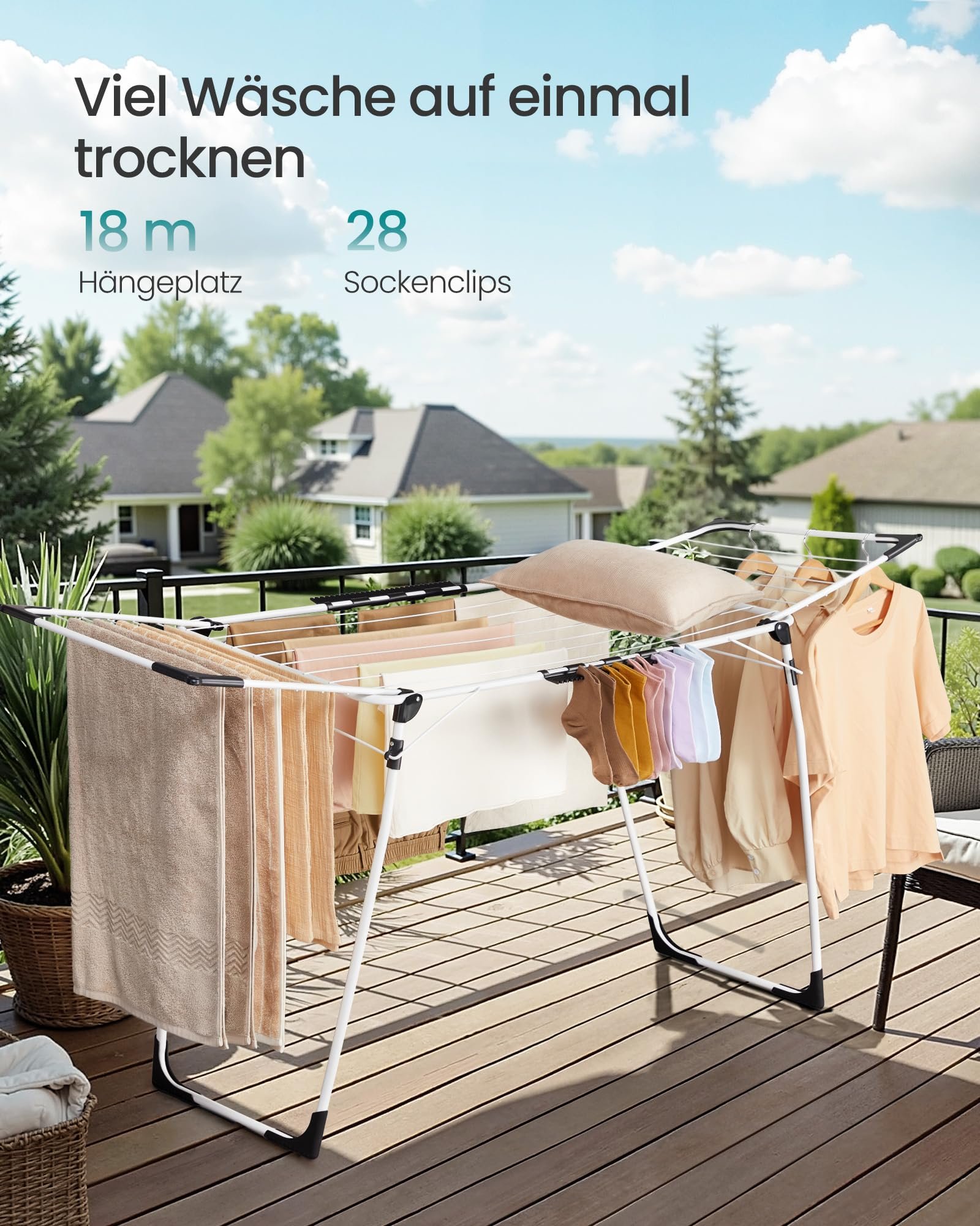 SONGMICS Wäscheständer, Standtrockner 52,5 x 173 x 96,5 cm, Flügelwäscheständer, Flügelwäschetrockner platzsparend, mit Sockenhalter, Metall, für Kleidung, Handtücher, Wäsche, weiß LLR518W01 - Image 5