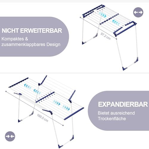 SYKIARIOL Wäscheständer, Flügelwäschetrockner, Standtrockner mit Flügeln, Ausziehbarer Klappbarer Wäscheständer mit Klammerbeutel und Sockenhalter, Für Kleidung und Handtücher Geeignet - Image 9