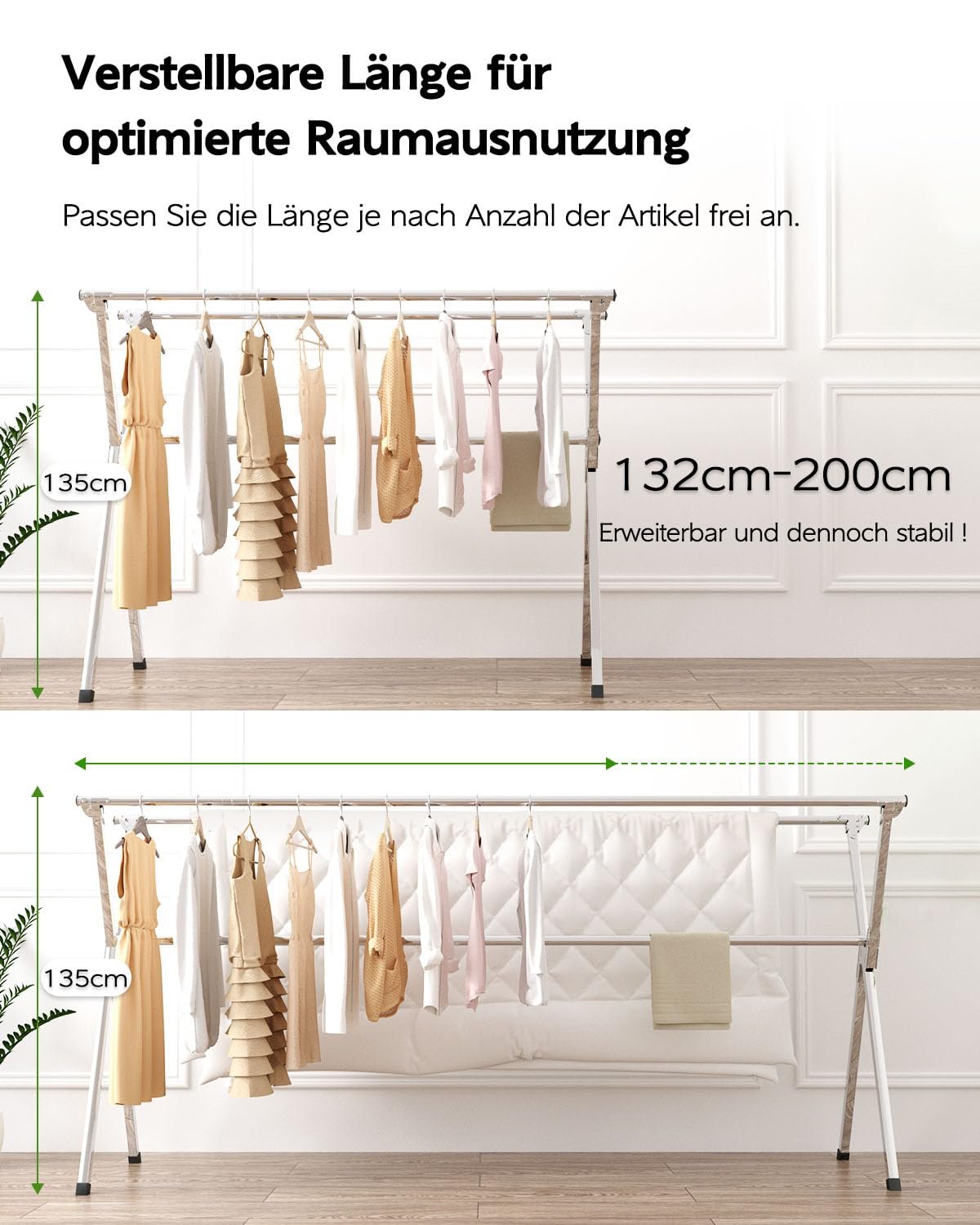 Vikaqi Wäscheständer 200 cm zusammenklappbar Indoor Outdoor Wäscheständer Kleidung Faltbar Wäscheständer Heavy Duty Edelstahl Wäscheleine Kleiderständer 20 Haken 12 Clips - Image 2