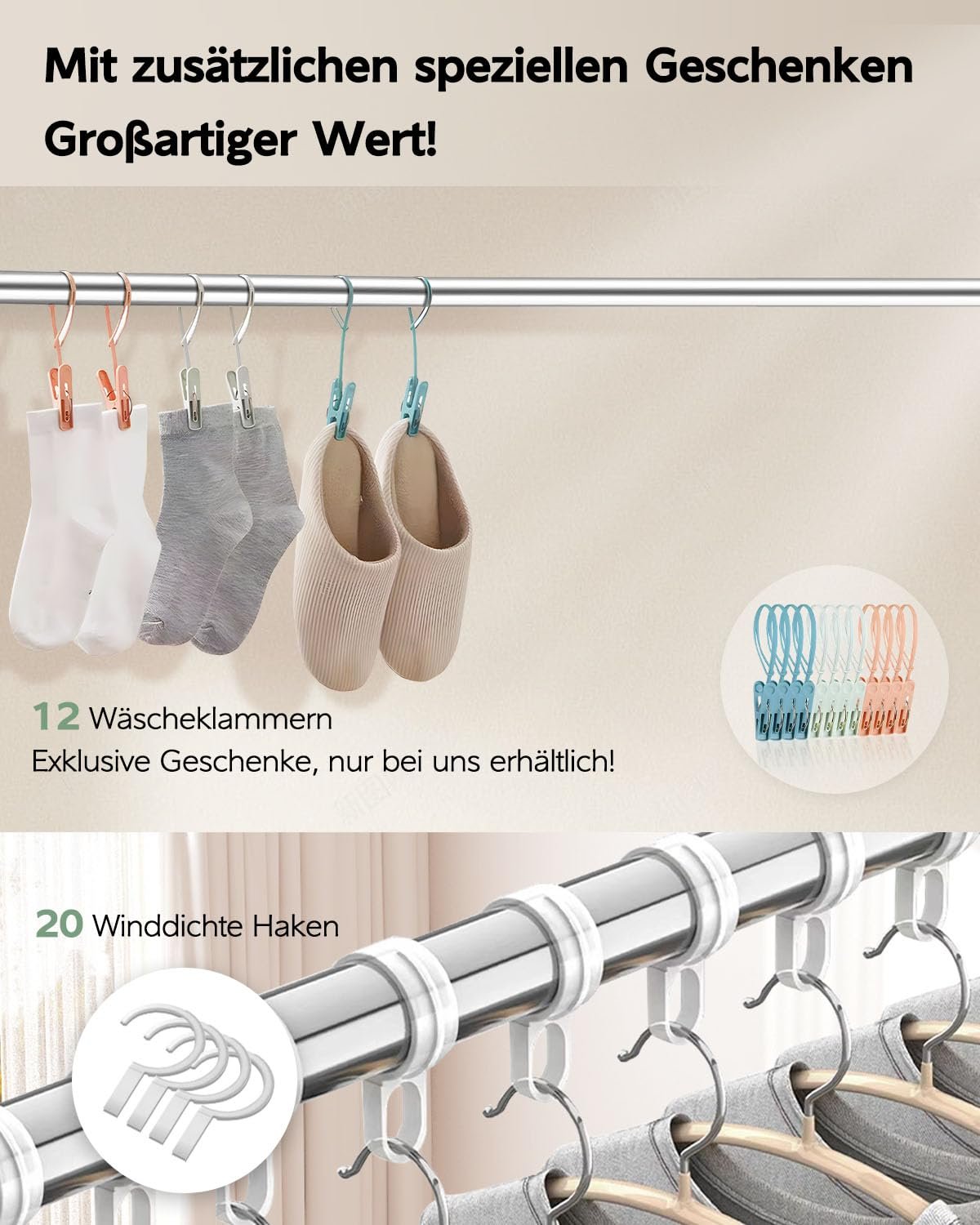 Vikaqi Wäscheständer 200 cm zusammenklappbar Indoor Outdoor Wäscheständer Kleidung Faltbar Wäscheständer Heavy Duty Edelstahl Wäscheleine Kleiderständer 20 Haken 12 Clips - Image 8