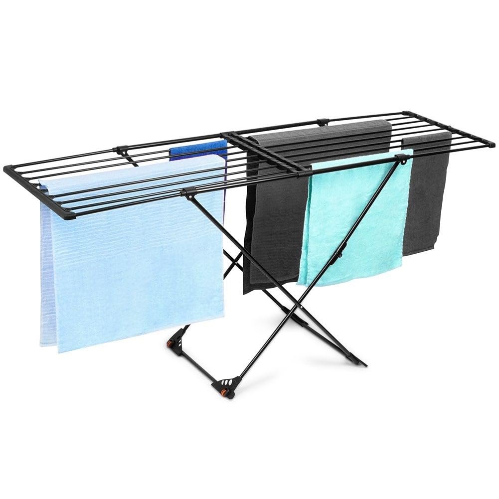 Vilde XXL Wäscheständer - Ausziehbar 110-189 cm - Strapazierfähiges Metall/Kunststoff - Schwarz - Stabil - Für Innen/Außen - Trocknungsfläche 19m - Platzsparend mit Rollen - 30 kg Belastbarkeit - Image 2