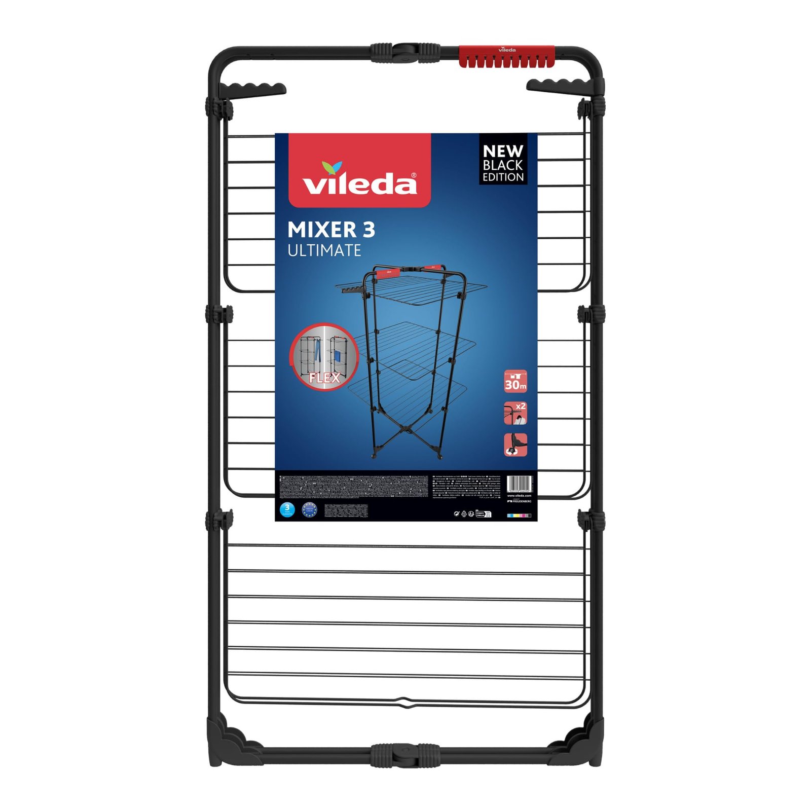 Vileda Mixer 3 Ultimate Turmwäscheständer Black Edition|Wäscheständer schwarz mit 30 m Trockenfläche|Flexibel, klappbar & transportabel - Schwenkbare Räder & extra Kleinteileplatz | Eco-Verpackung - Image 2
