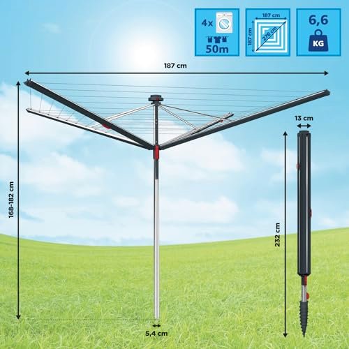 Vileda Sun-Rise Premium Wäschespinne -50 m Leinenlänge|Kompakte & stabile Wäschespinne für Garten & Terrasse|Patentiertes Spannsystem, wetterfest & platzsparend, Höhe 1,67–1,82 m | Comfort-Pack - Image 5