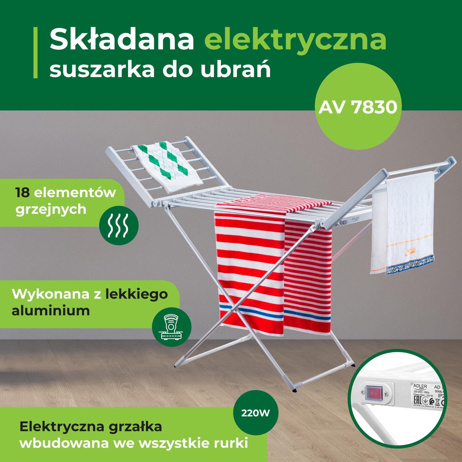 avenido Elektrischer Wäschetrockner, Wäschetrockner mit 18 Heizstäbchen, Beheizbarer Wäscheständer 220W, 148 x 52,5 x 90 cm, Reduziert die Trocknungszeit, IP22, silber-weiß - Image 2