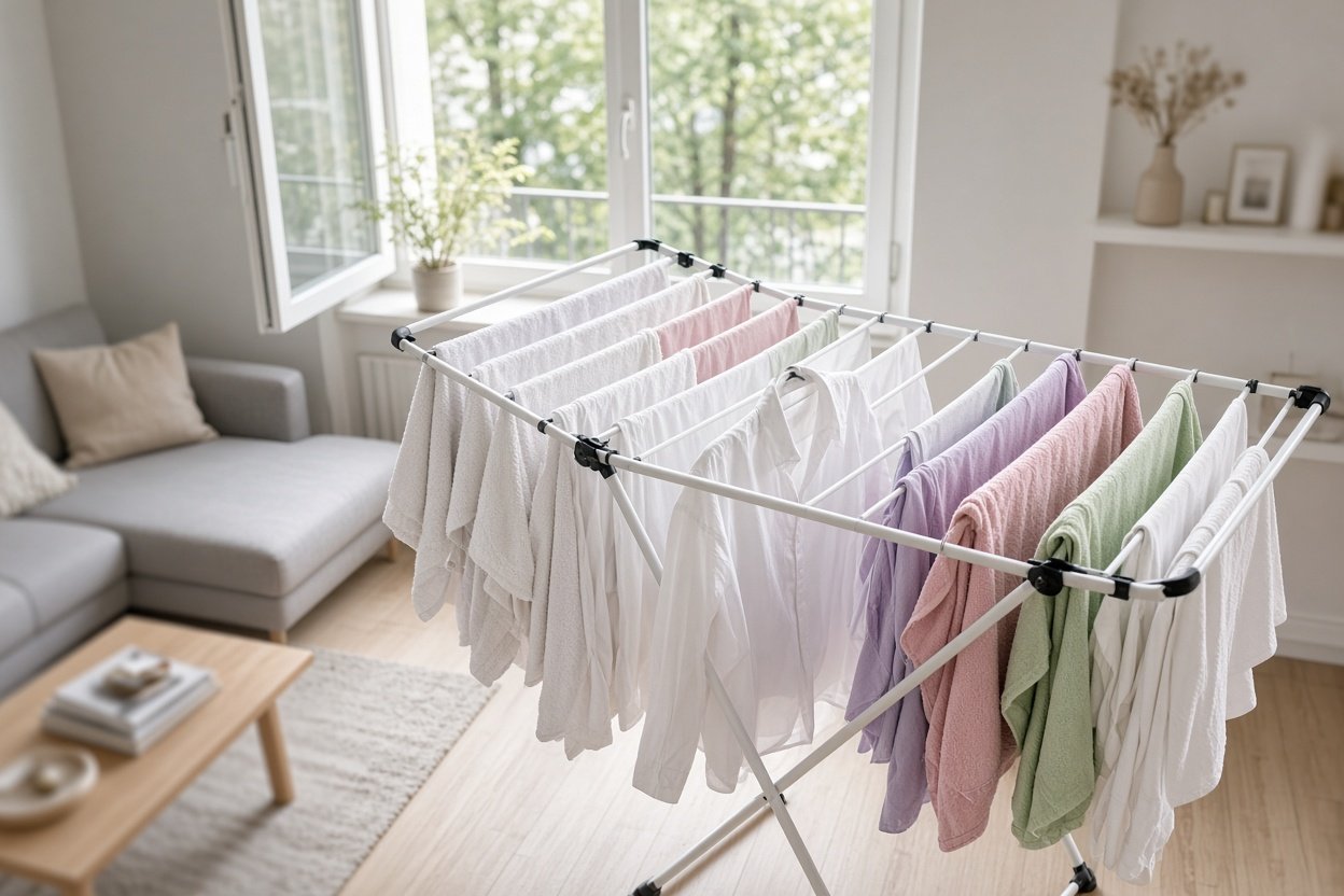 Wäscheständer mit frisch gewaschener Wäsche in einem hellen, gut belüfteten Wohnzimmer bei offenem Fenster