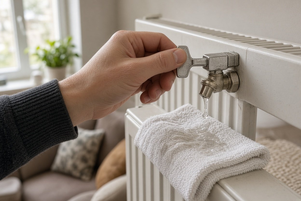 Hand entlüftet mit Vierkantschlüssel das Ventil eines weißen Heizkörpers im Wohnzimmer