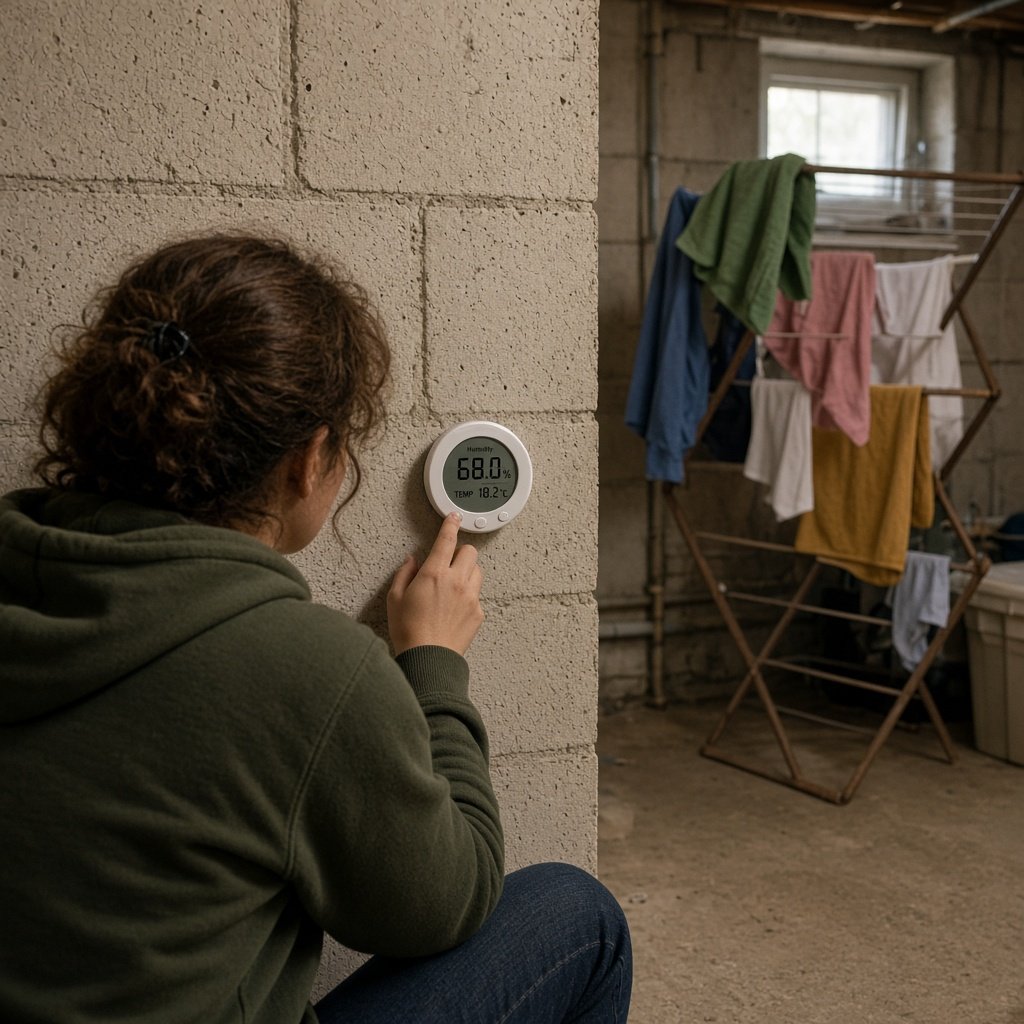 Person prüft im Keller mit einem Hygrometer die Luftfeuchtigkeit neben einem Wäscheständer