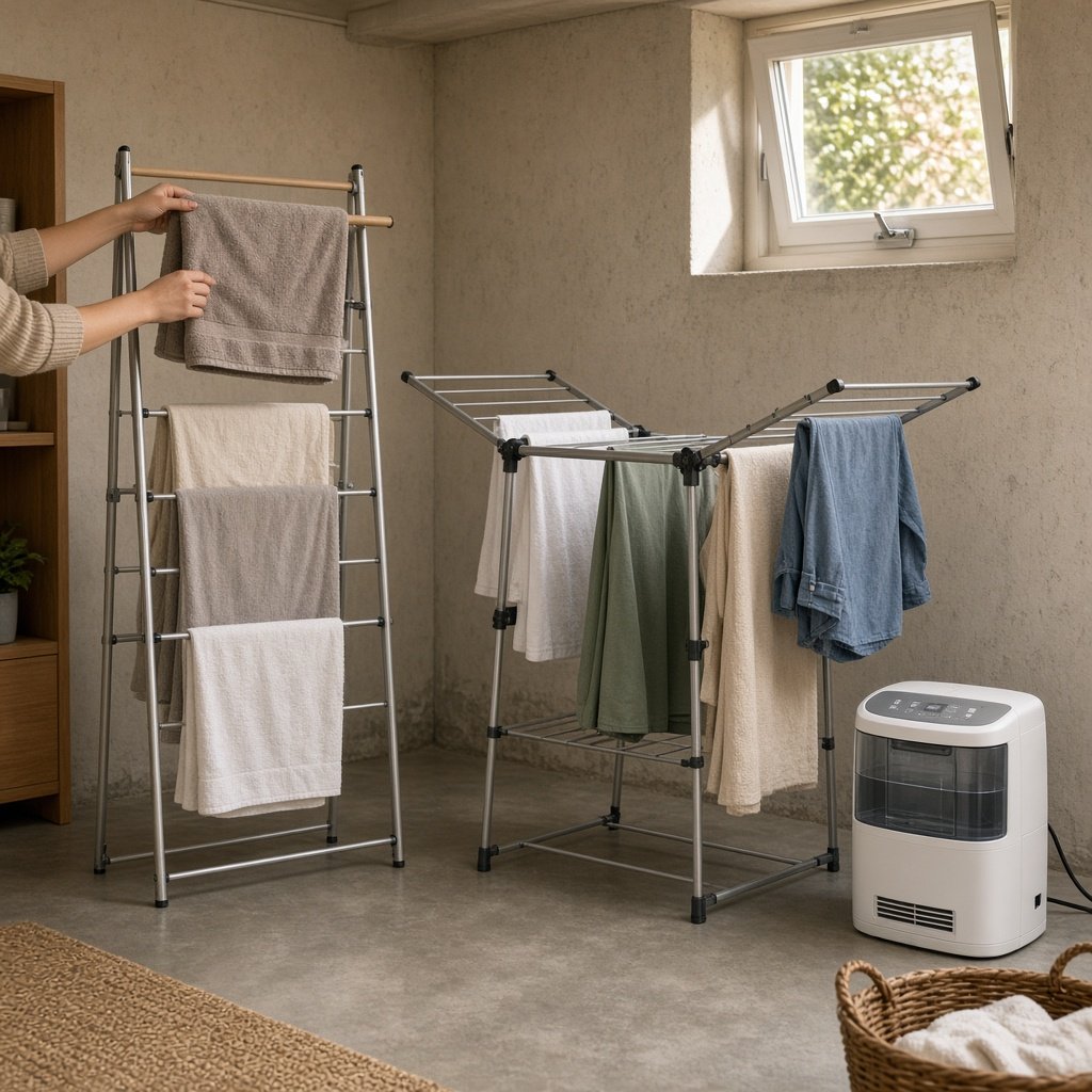 Verschiedene Wäscheständer und ein Luftentfeuchter im Keller beim Wäschetrocknen