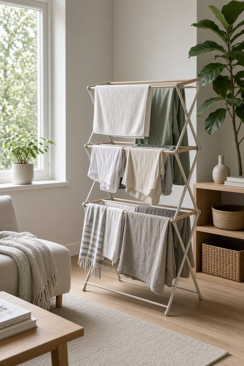 Turm-Wäscheständer mit mehreren Ebenen voller frisch gewaschener Wäsche in einer hellen, kleinen Wohnung