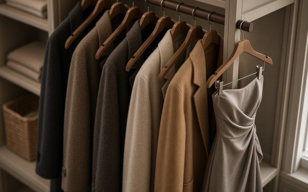 Ordentlicher Kleiderschrank mit Wintermänteln und trägerlosem Kleid auf rutschfesten Kleiderbügeln mit Samtbeflockung