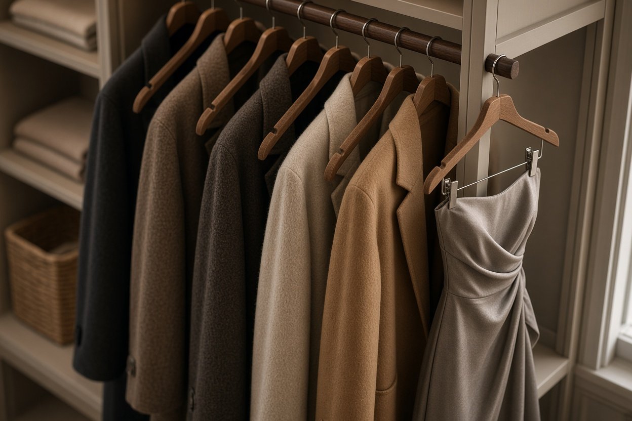 Ordentlicher Kleiderschrank mit Wintermänteln und trägerlosem Kleid auf rutschfesten Kleiderbügeln mit Samtbeflockung