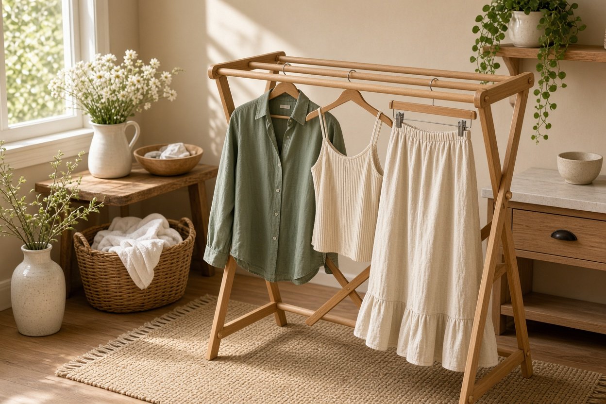 Wäscheständer mit Kleidung auf rutschfesten Kleiderbügeln beim Trocknen in sonniger Wäsche-Ecke