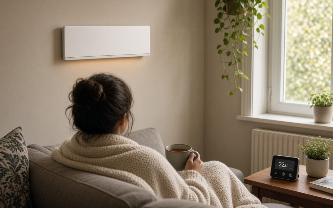 Infrarotheizung an der Wand im gemütlichen Wohnzimmer mit Thermostat auf dem Beistelltisch