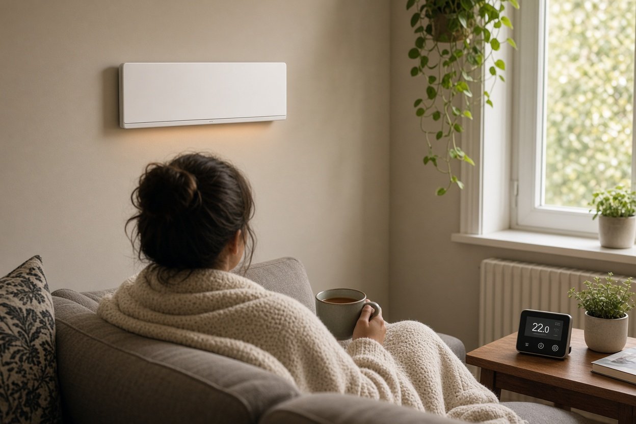 Infrarotheizung an der Wand im gemütlichen Wohnzimmer mit Thermostat auf dem Beistelltisch