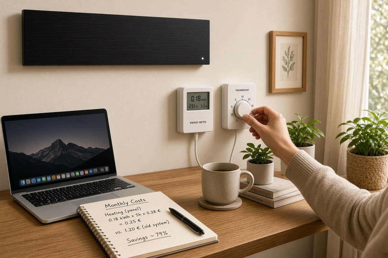 Hand stellt Thermostat und Strommessgerät an der Steckdose neben einer Infrarotheizung im Homeoffice ein
